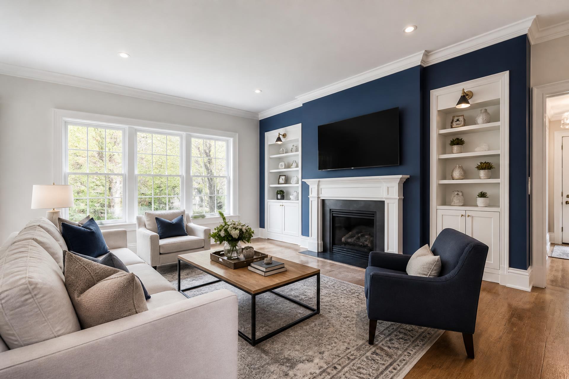 Freshly painted living room with crisp trim lines